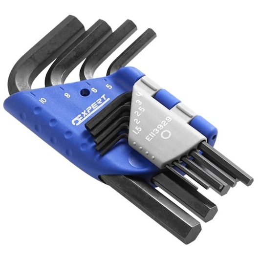 Facom E113929 hex key set with blue and grey holder, assorted sizes, product angled on white background.