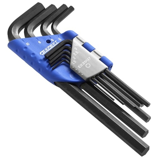 Facom E113947 hex key set with blue and silver holder, angled view on white background.