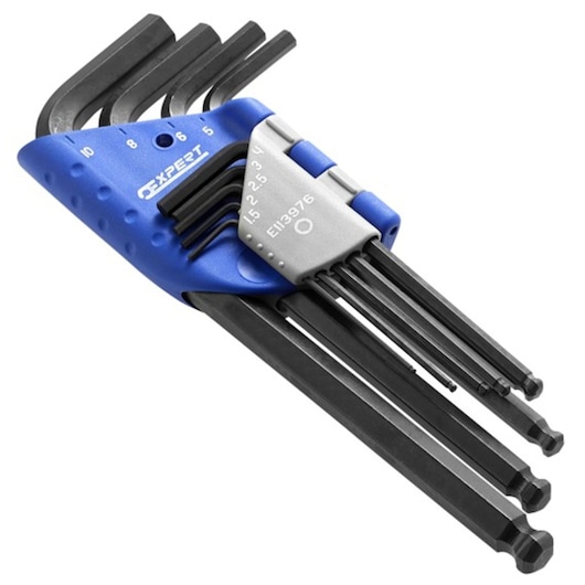 Facom E113976 hex key set in blue and gray holder, multiple sizes, photographed from angled view.