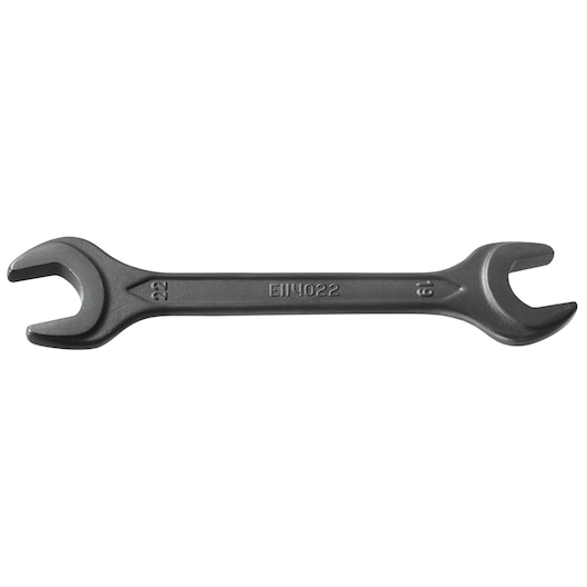 Facom E114010 black double open-end wrench, front angle, with sizes 22 and 19, tool category.