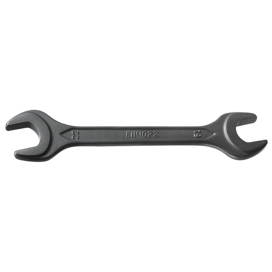 Facom E114022 double open-end wrench, matte black finish, 22mm and 19mm, top view on white background.