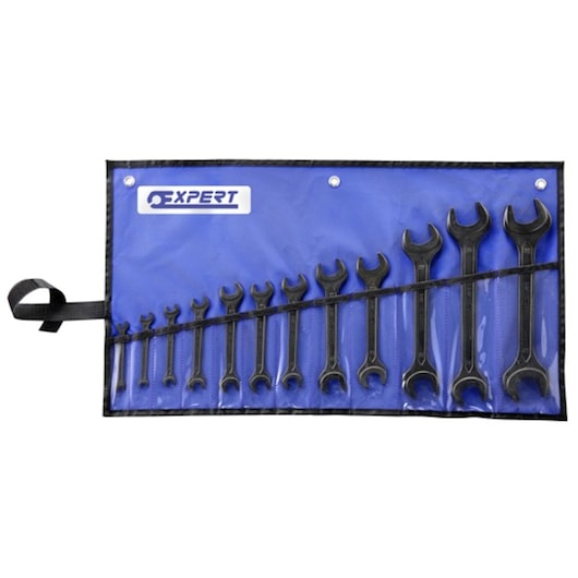 Facom E114040 open end wrench set in blue roll-up pouch, photography, front angle.