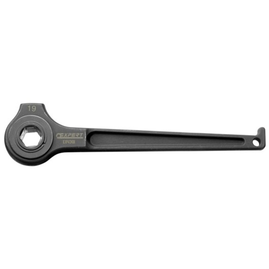 Facom E114301 black ratcheting box wrench, photography, left side view on white background.