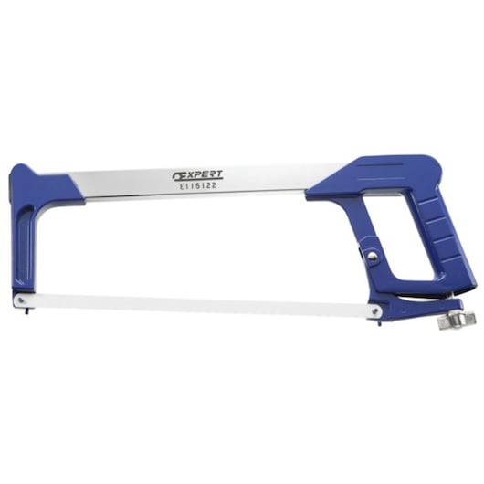 Facom E115122 blue and silver hacksaw with ergonomic handle, side view on white background.