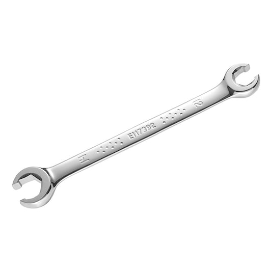 Facom E117368 chrome double open-end flare nut wrench, 11 mm and 12 mm, top angle on white background.
