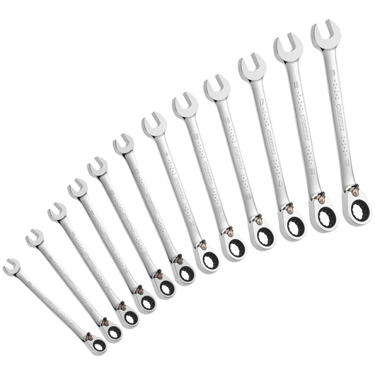 A set of twelve silver ratcheting open-end wrenches arranged in a row, each with an open-ended side and a ratchet ring on the other end, displayed on a white background.