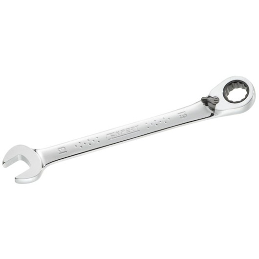 Facom E117378 combination ratcheting spanner, silver finish, product side angle on white background.