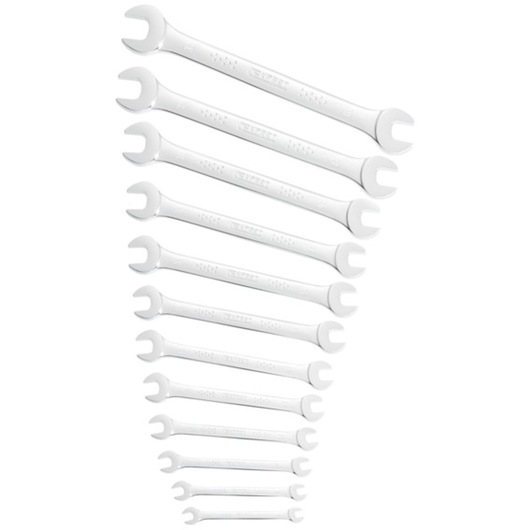 Facom E117381 set of 12 open-end wrenches, silver, arranged in size order, top view, white background.