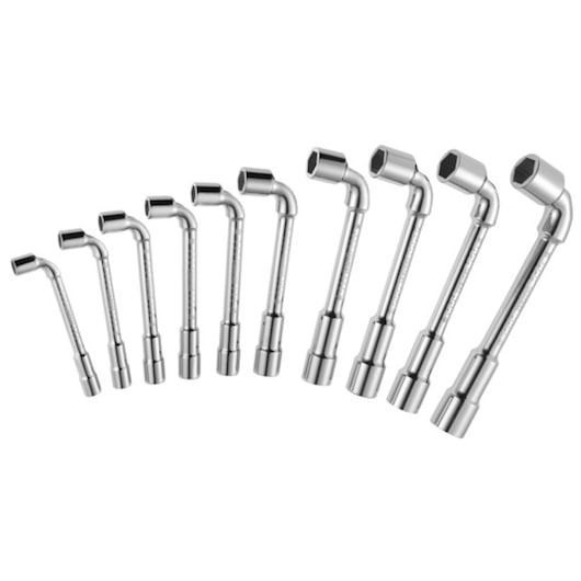 Facom E117387 set of nine angled socket wrenches, chrome finish, arranged in size order, product photo, white background.