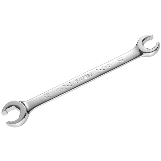 Facom E117395 polished double open-end flare nut wrench angled on white background.