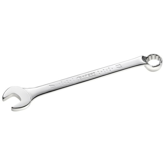 Facom E117728 combination wrench, chrome finish, open end and ring end, photography, side angle on white background.