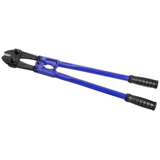 Facom bolt cutter E117752 with blue handles and black grips, side angle on white background.
