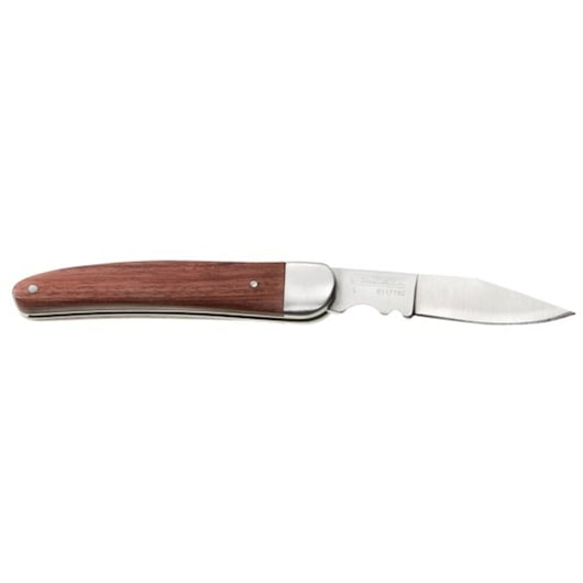 Photo of Facom folding knife E117762 with wood handle and stainless steel blade, product side angle on white background.