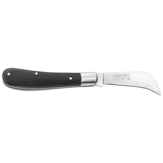 Facom E117763 folding pruning knife with curved stainless steel blade and black handle, side view.