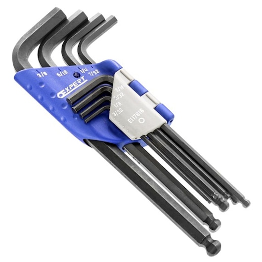 Facom hex key set E117816 with blue holder, assorted sizes, front angled view on white background.