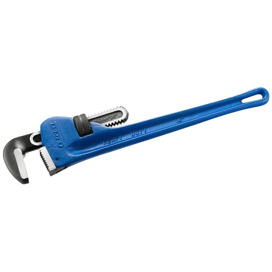 Facom E117823 blue heavy-duty pipe wrench, side angle, steel jaws and elongated handle.
