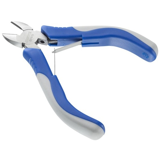 Facom diagonal cutter E117879 with blue and gray ergonomic handles, side view on white background.
