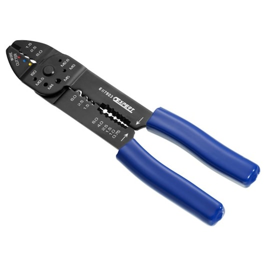 Facom E117903 wire stripper and cutter with blue handles, angled view on white background.