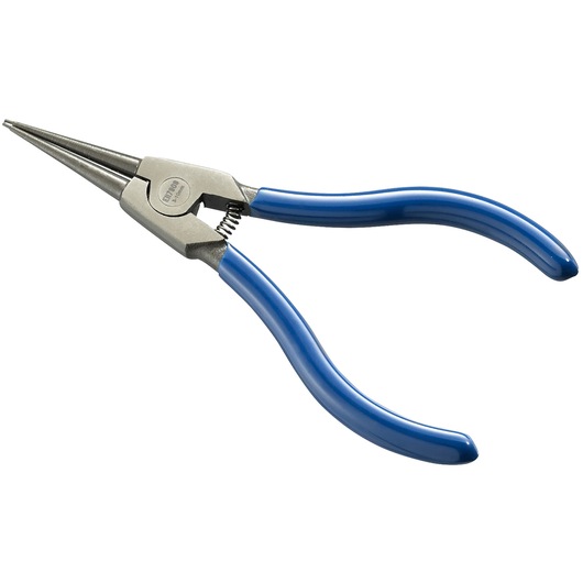 Facom E117909 long nose pliers with blue handles, side angle on white background.