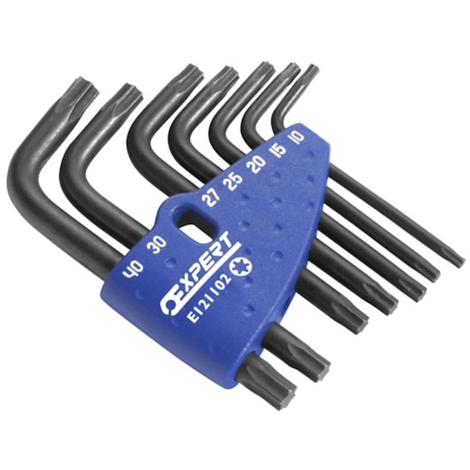Facom E121102 set of eight black Torx L-keys in blue holder, labeled sizes T10 to T40, front angle.