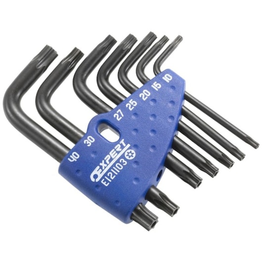 Facom E121103 Torx key set with eight black L-shaped wrenches in a blue holder, angled front view.