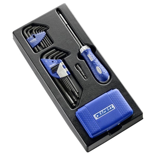 Facom E121105 tool set with blue handle screwdriver, hex key sets, and blue case in black tray, top view.