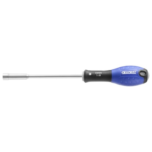 Facom E121501 blue and black handle nut driver, side angle, silver shaft, photo on white background.