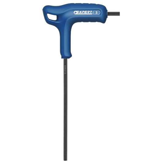 Facom E121603 blue T-handle hex key with long and short black hex shafts, front angle on white background.