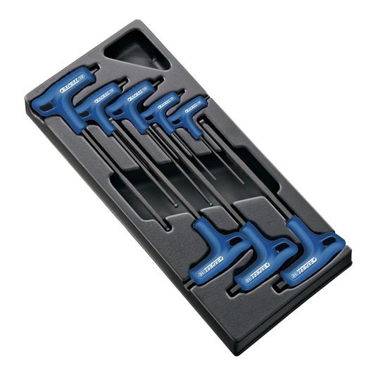 Facom E121609 T-handle hex key set with blue handles, six pieces in a black tray, front angle.