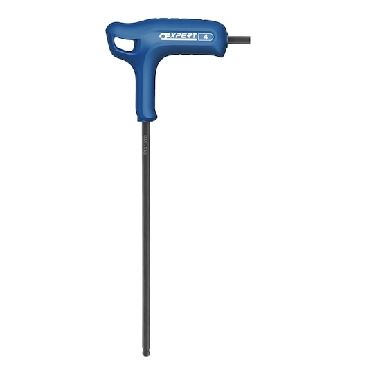 Facom T-handle hex key with blue handle and long black shaft, side view, E121610.