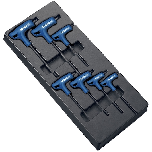 Facom E121708 T-handle hex key set with blue handles in black tray, top-down view on white background.