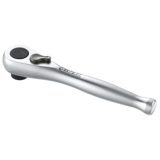 Facom E131601 silver ratchet handle, side view, with black round button and lever, on white background.