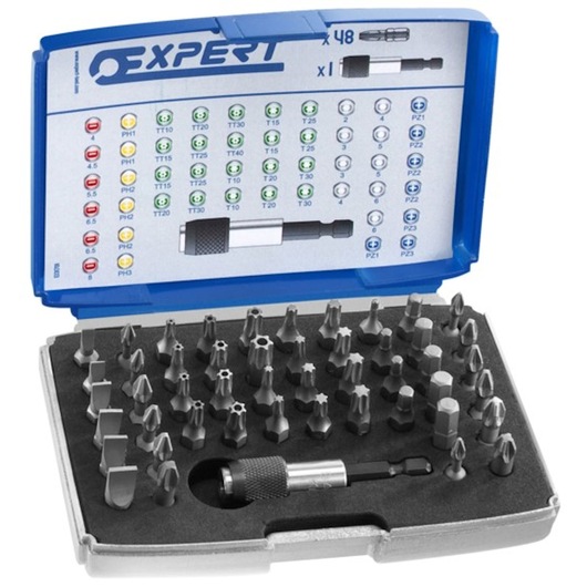 Facom E131701 bit set with 48 assorted screwdriver bits and magnetic bit holder in blue plastic case, top view.