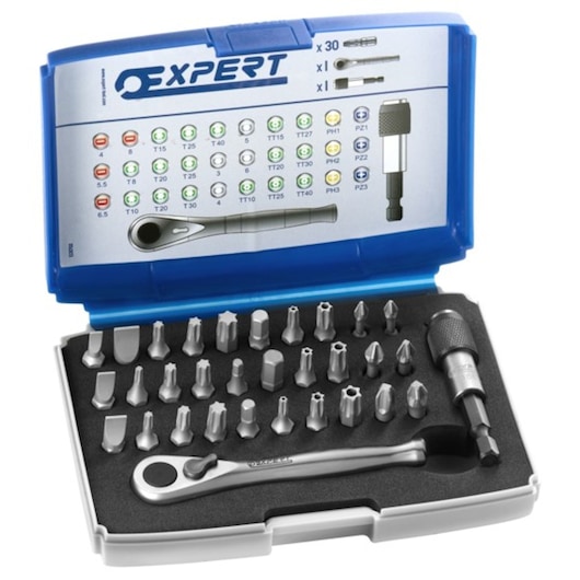 Facom E131702 ratchet bit set with multiple screwdriver bits and blue plastic case, top view on white background.