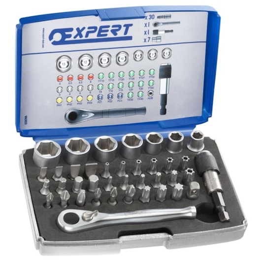 Facom E131705 socket and bit set with ratchet and adapter in open blue case, top angle.