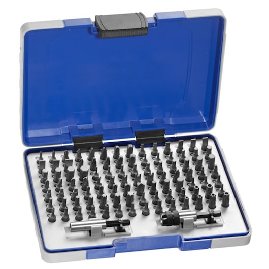 Facom E131709 bit set with multiple bits and accessories in an open blue plastic case, product showcased from above.