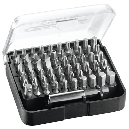 Facom E131710 screwdriver bit set in black case with transparent lid, angled view, multiple bit types organized in rows.