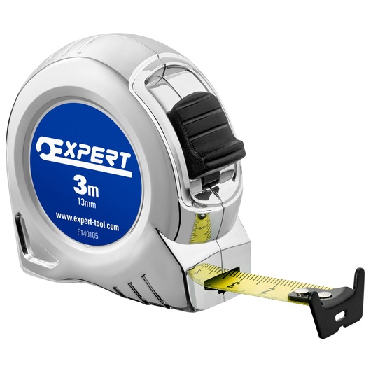 Facom E140105 tape measure, silver chrome body, blue label, front angle, extended yellow blade