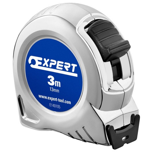 Facom E140105 photography of silver tape measure with blue label, 3m length, angled view on white background.