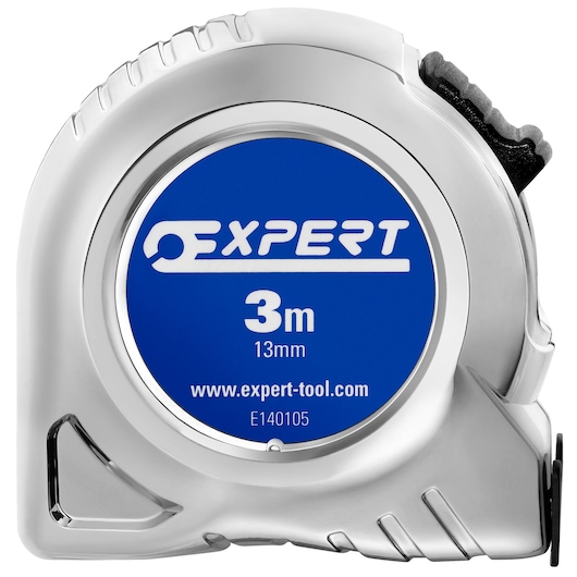 Facom E140105 tape measure, silver body with blue label, front angle, 3m length, 13mm width.