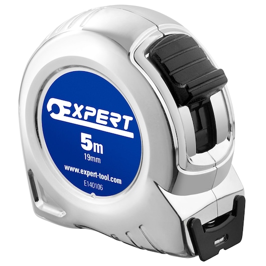 Facom E140106 tape measure, 5m length, 19mm width, silver casing, side angle on white background.