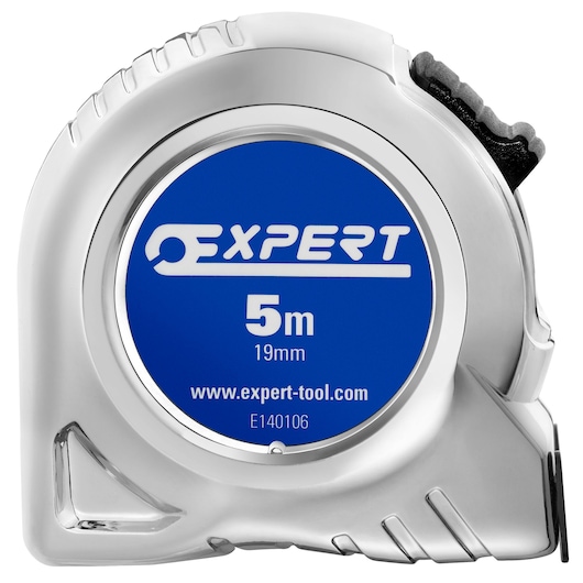 Facom E140106 tape measure, 5m length, silver casing, blue front, front angle photo.