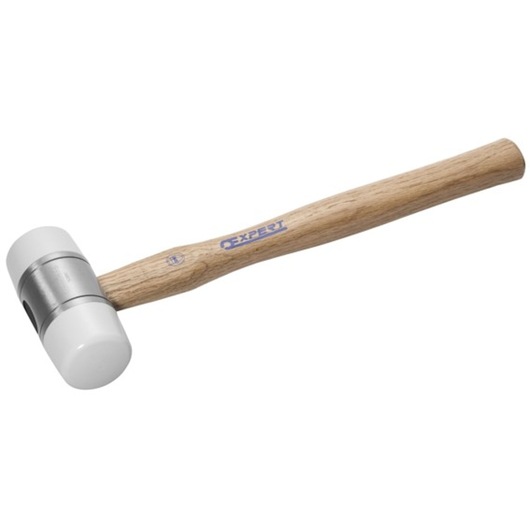 Facom E150304 mallet with wooden handle and dual white nylon heads, side angle on white background.