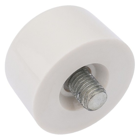 Facom E150307 white cylindrical plastic roller with central metal threaded bolt, front angle.