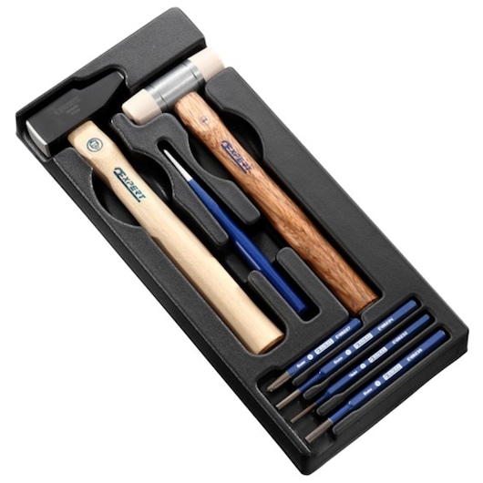 Facom E150801 hammer and punch set in black tray, two hammers and several blue punches, angled view.