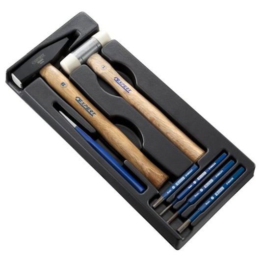 Facom E150802 hammer and punch set in black foam tray, includes two wooden hammers and five blue punches, angled view.