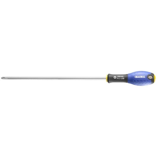 Facom E160304 long Philips screwdriver with blue and yellow handle, side view, on white background.