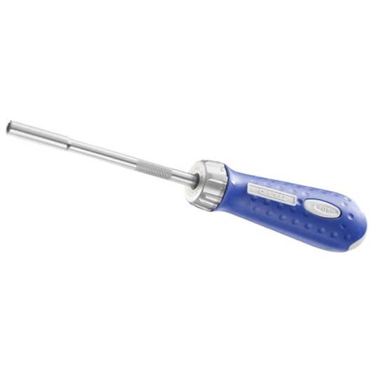 Facom E160801 ratcheting screwdriver with blue textured handle and metal shaft, product angled on white background.