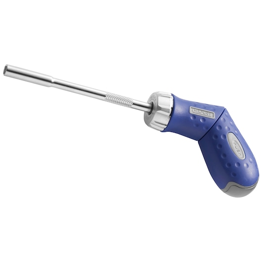 Facom E160802 blue ergonomic screwdriver with angled handle, shown on white background, side view.