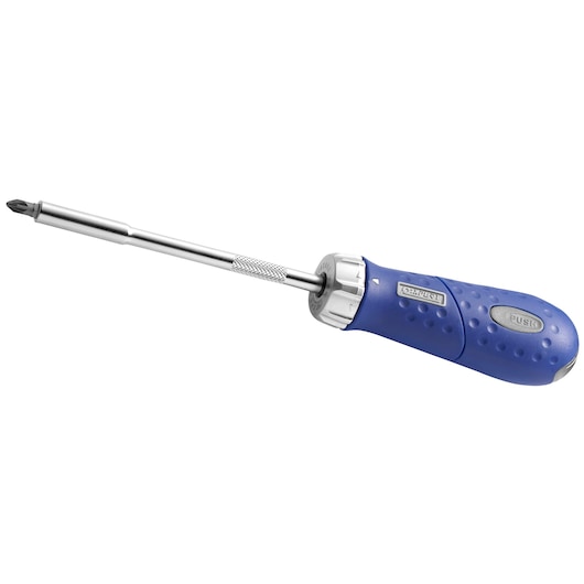 Facom E160802 blue-handled ratcheting screwdriver, side angle on white background.